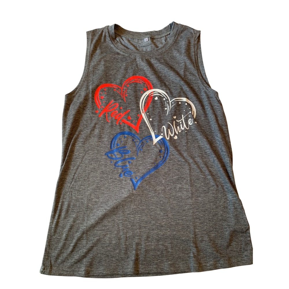 Red White & Blue Heart Graphic Tank Top Gray Sleeveless Patriotic Shirt M